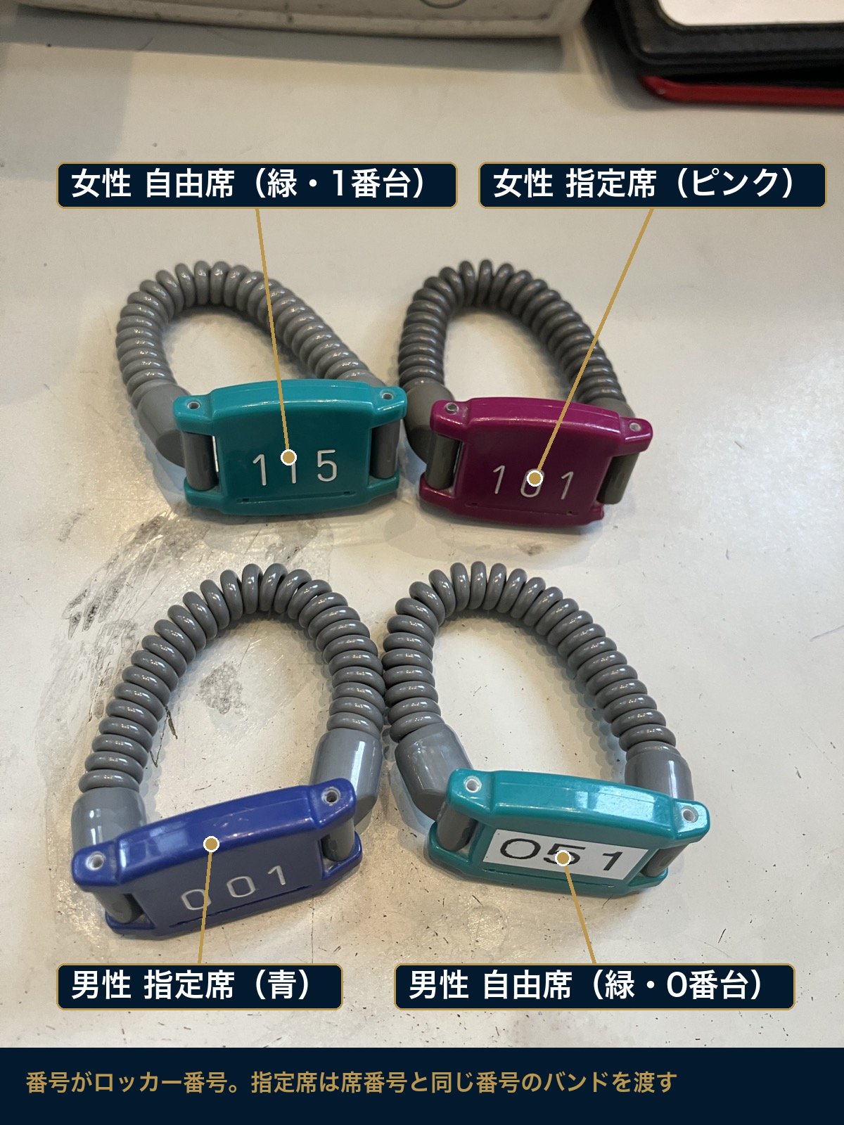 リストバンドの実物（色・番号の例）